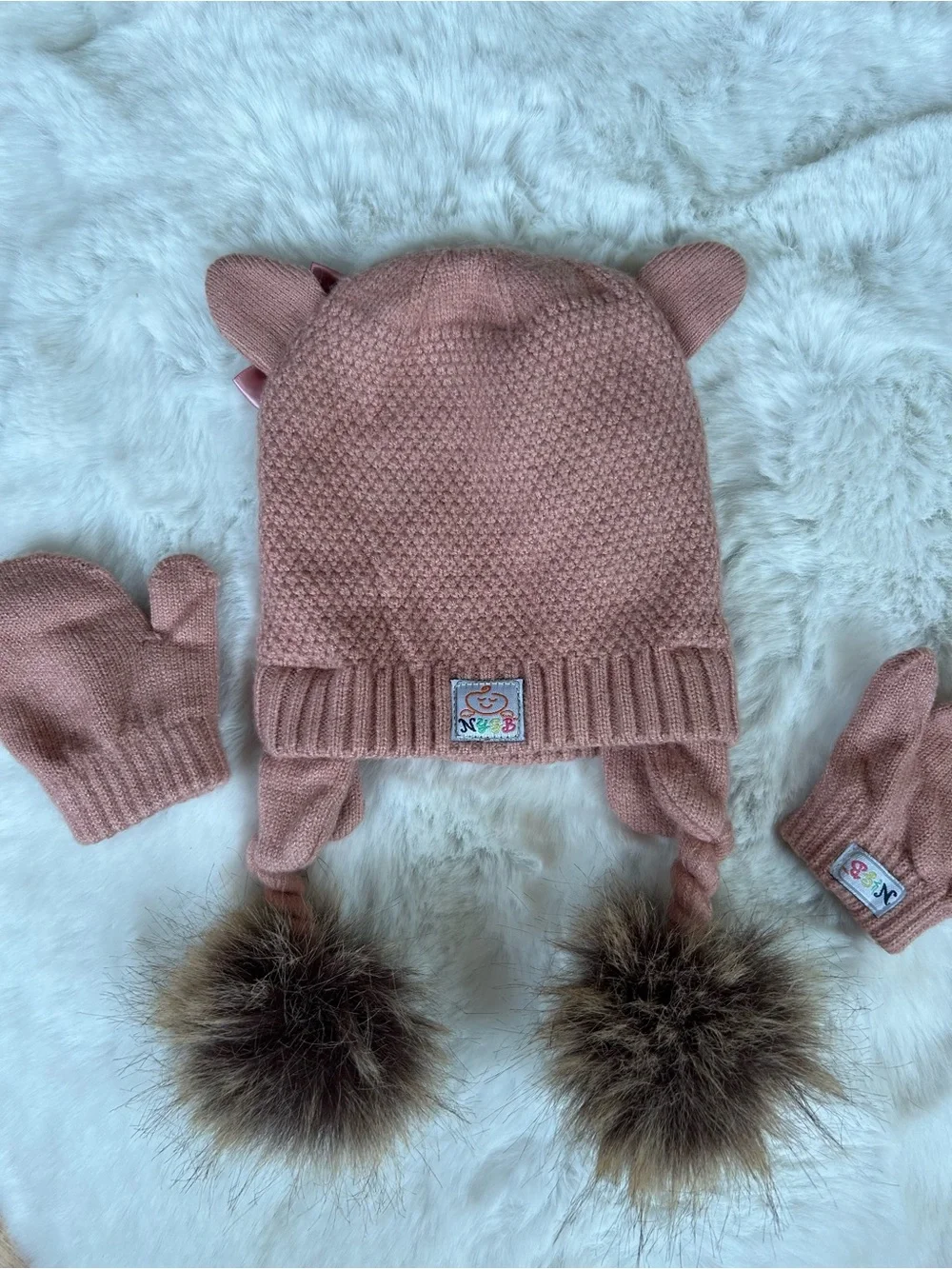 Toby NYGB Infant Pink Knit Cat Ear Hat with Matching Mittens 6-18 MOS